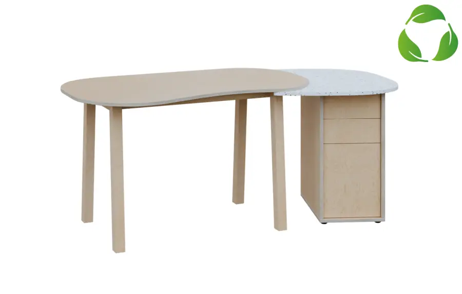 ECO 02 P stůl kancelářský, pravý, masivní dřevěná podnož, deska 18 mm, široký 1820 mm, překližka bříza/upcyklovaný plast